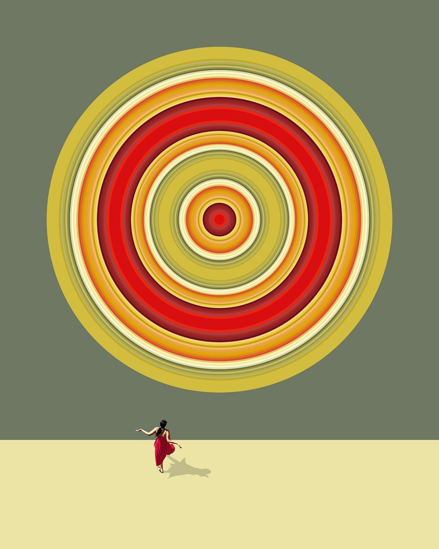 digital painting of woman in red dress dancing in front of red and yellow disk mural by John Ferri