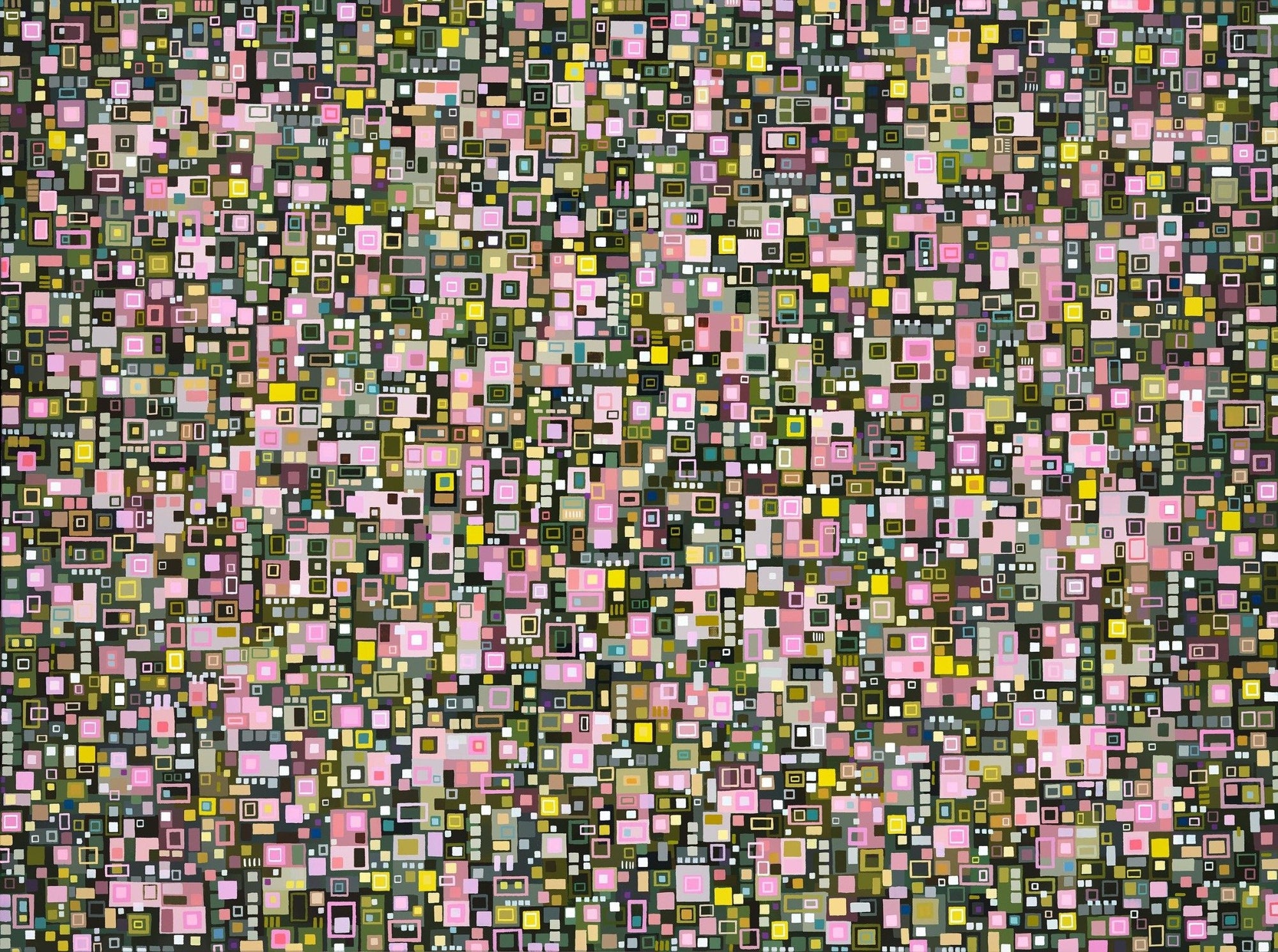 dark green yellow and pink intricate squares abstract art print